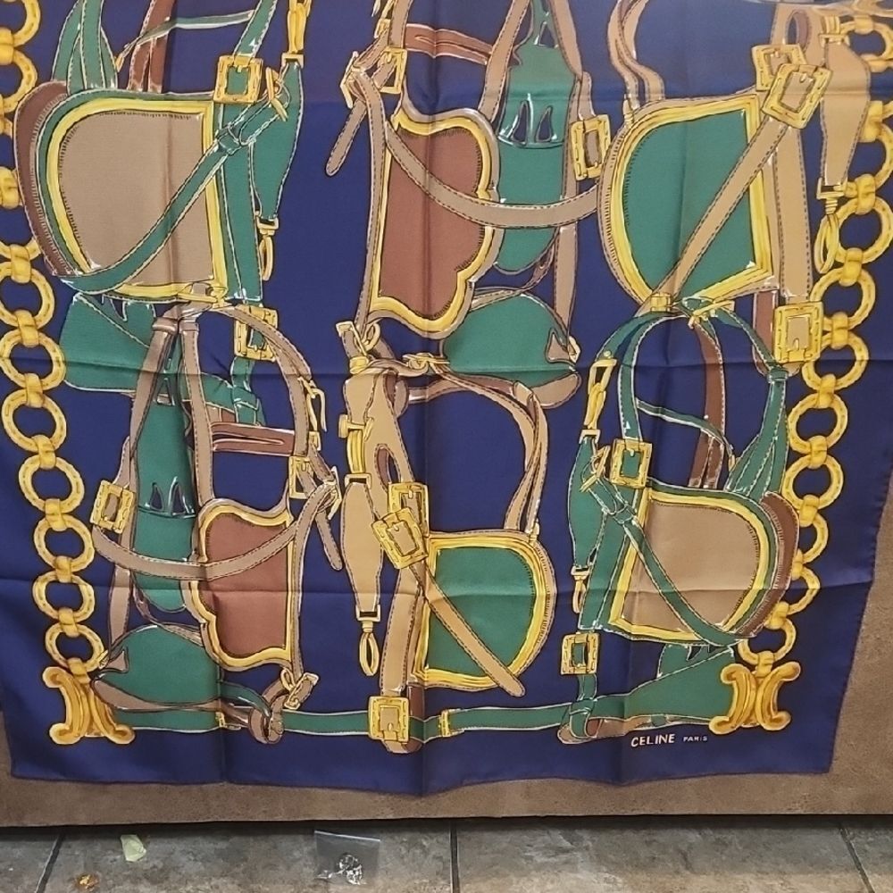 Celine Saddle Motif Scarf in Blue and Gold